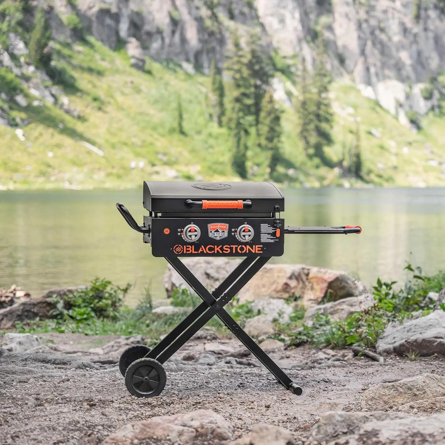 Blackstone 22” On The Go Scissor-Leg Griddle with Two Burners -Stainless Steel Gas Griddle with Hood, Wheels, Side Shelf –Heavy Duty Outdoor Stainless Steel Griddle for Backyard, Patio Camping –1935