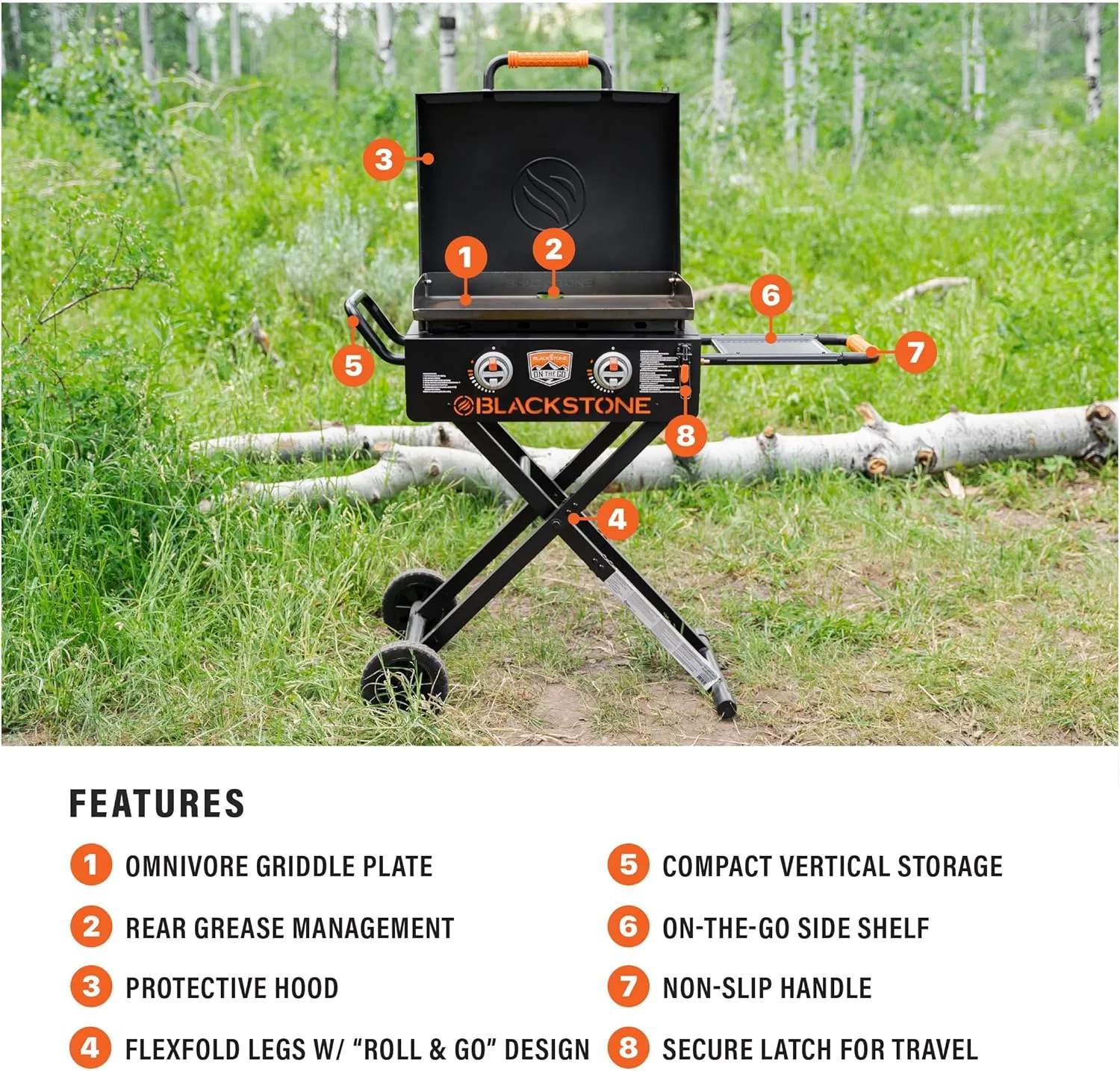Blackstone 2350 On-the-Go 22” Omnivore Flex-Fold Griddle with Locking Hood, Powder Coated Steel, Black
