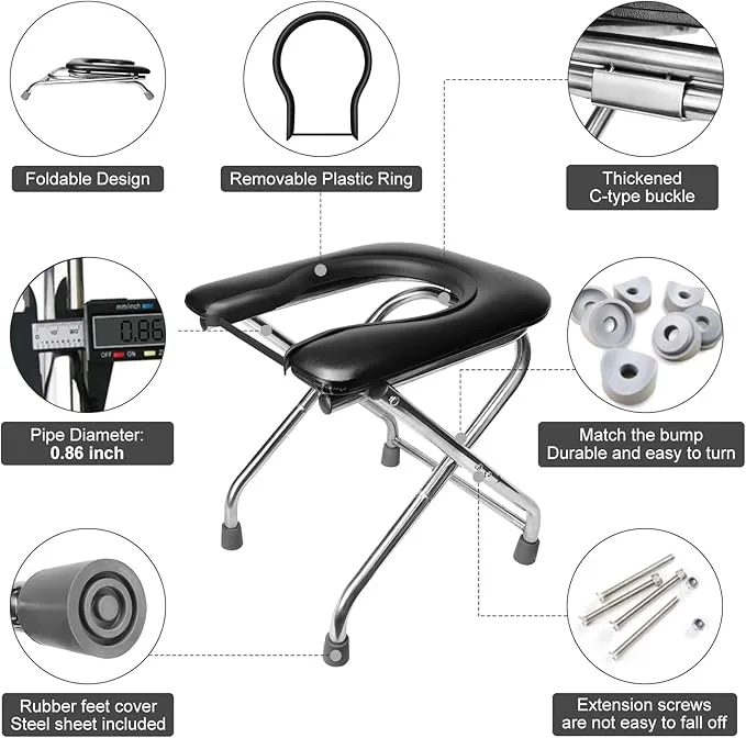 BLIKA U Shaped 350 LBS Portable Toilet for Camping, Portable Folding Toilet, Stainless Steel Portable Toilet with Soft Seat, Portable Toilet for Adult, Outdoor Camp Toilet