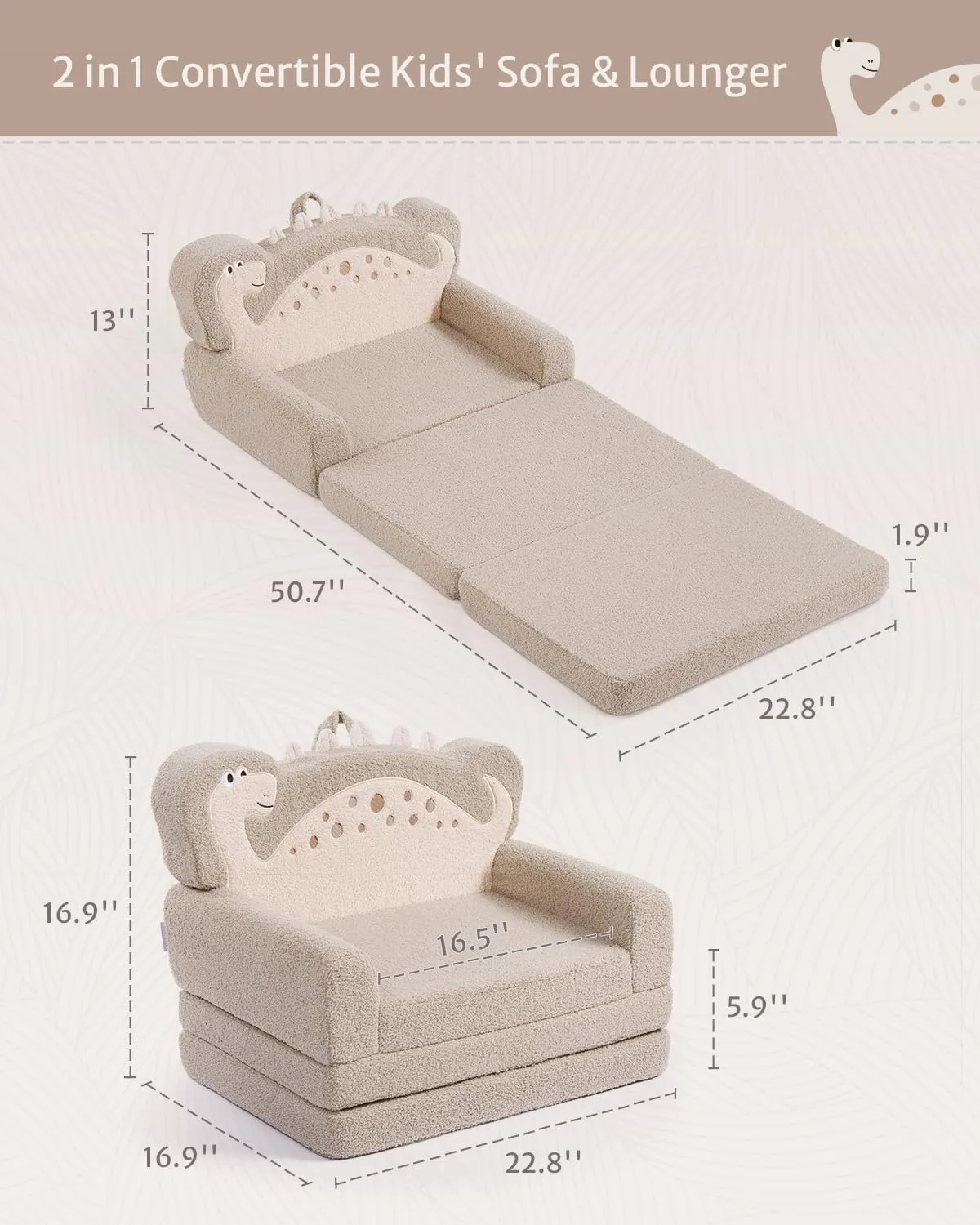 Blissful Diary Kids Couch, 2-in-1 Soft Toddler Couch Fold Out, Toddler Chair Comfy, Convertible Sofa to Lounger, Kids Furniture for Playroom, Gift for Birthday, Children's Day, Khaki Dinosaur