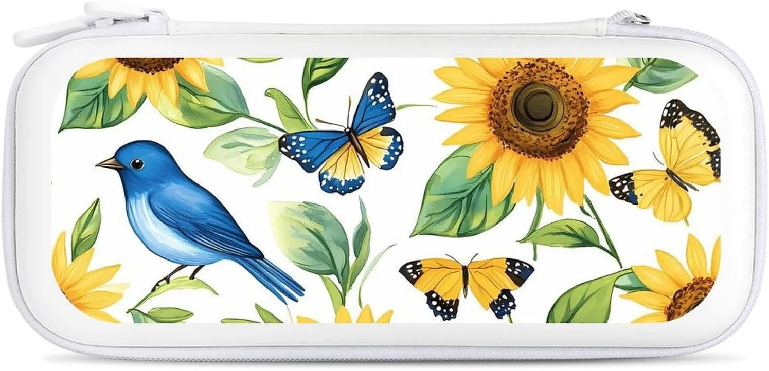 Blue Jay Birds Sunflowers Butterfly Compatible with Switch Carrying Case Hard Travel Game Bag Pouch with 15 Games Accessories