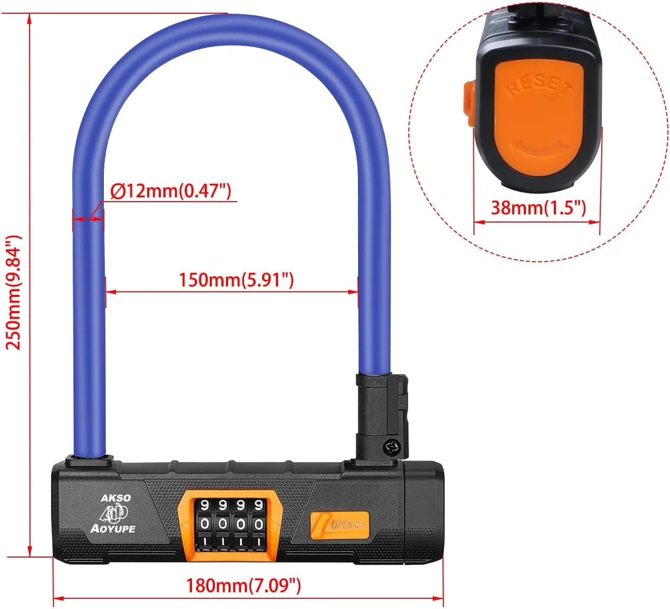 Blue Silicone 4-Digit Resettable Combination Heavy Duty Anti-Theft Locks and 12mm x1.2m Cable,Keyless Lock for Outdoor,U-Lock with Sturdy Mounting Bracket,for Mountain Bikes,（1 Set）