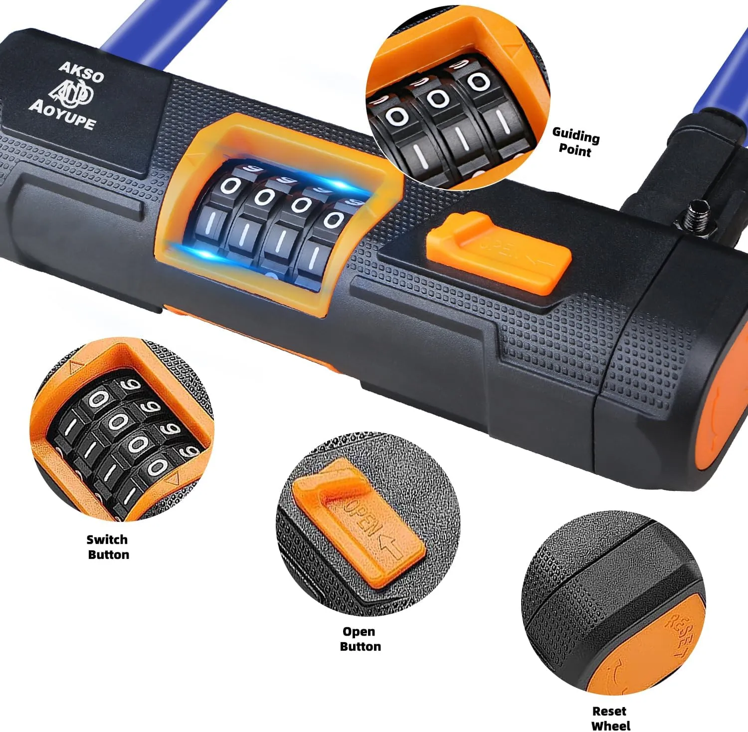 Blue Silicone 4-Digit Resettable Combination Heavy Duty Anti-Theft Locks and 12mm x1.2m Cable,Keyless Lock for Outdoor,U-Lock with Sturdy Mounting Bracket,for Mountain Bikes,（1 Set）