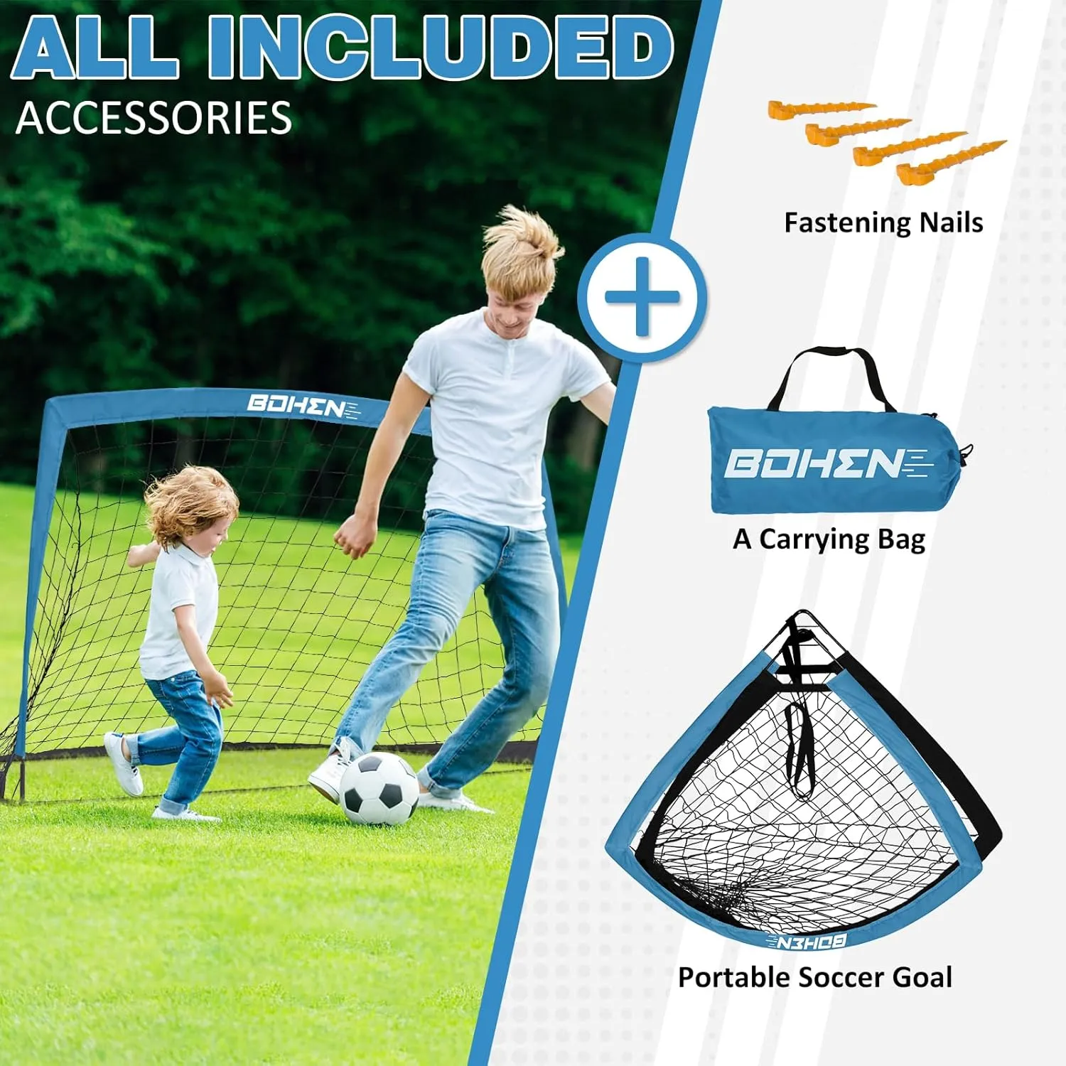 BOHEN 5x3FT Portable Soccer Goal for Kids Backyard with Carry Bag - Easy Folding Lightweight Fun for Outdoor Indoor Training Games for Teen Youth Adult