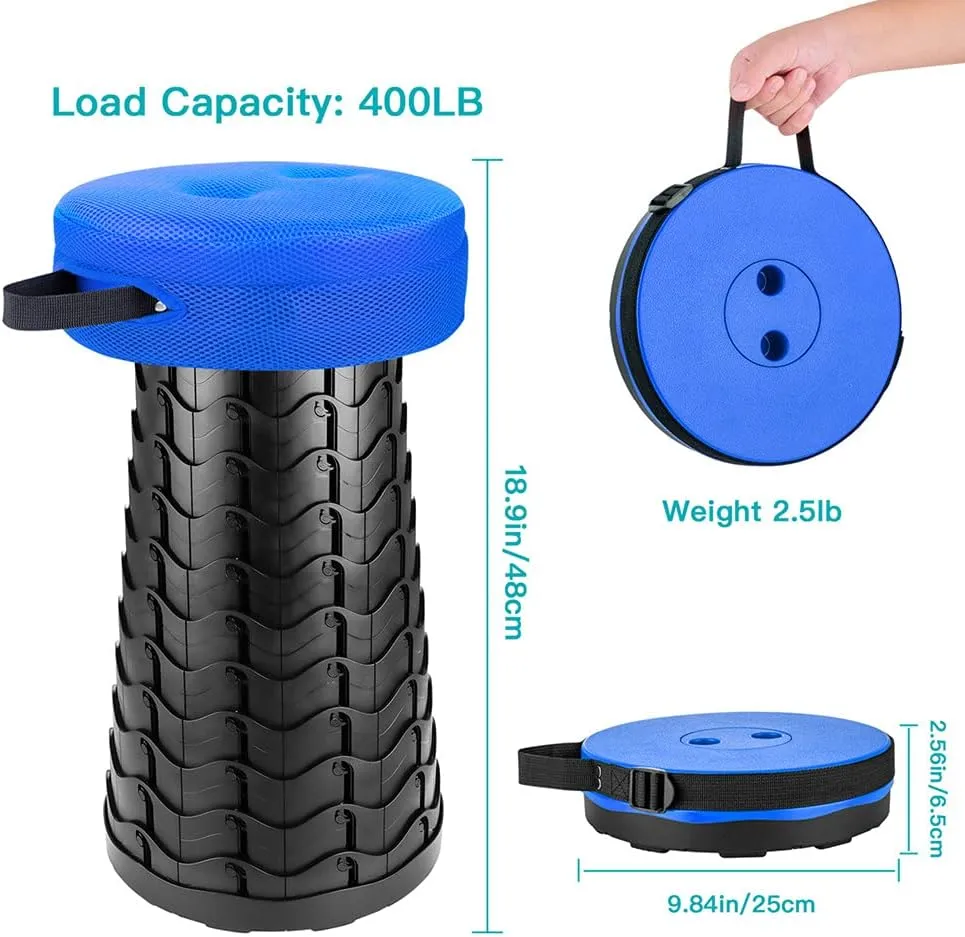 Boreeman Upgraded Folding Stool with Cushion Lightweight Yet More Sturdy with Load Capacity 400lbs Portable Collapsible Stool Retractable Stool for Camping Fishing Hiking BBQ (Blue)