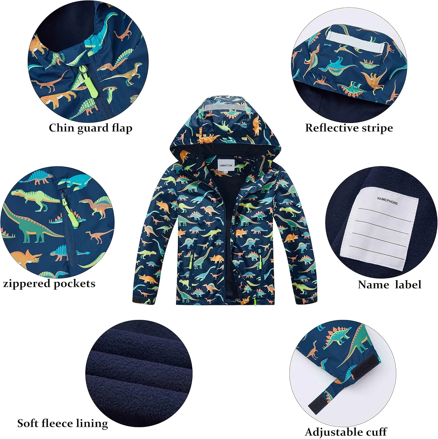 Boys Rain Jackets Lightweight Waterproof Hooded fleece Raincoats Windbreakers for Kids