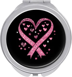 Breast Cancer Awareness Ribbon Heart Compact Mini Mirror Double-Sided Pocket Makeup Mirrors Ultra Portable for Purses and Travel