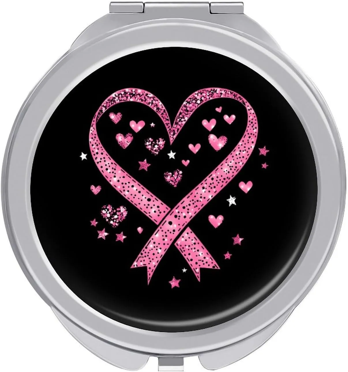 Breast Cancer Awareness Ribbon Heart Compact Mini Mirror Double-Sided Pocket Makeup Mirrors Ultra Portable for Purses and Travel