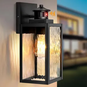 Brightever Motion Sensor Outdoor Lights Fixture, Dusk to Dawn Exterior Porch Light Wall Mount with Water-Rippled Glass, Black Modern Outside Wall Sconce Lanterns for House, Garage, Bulbs Not Included