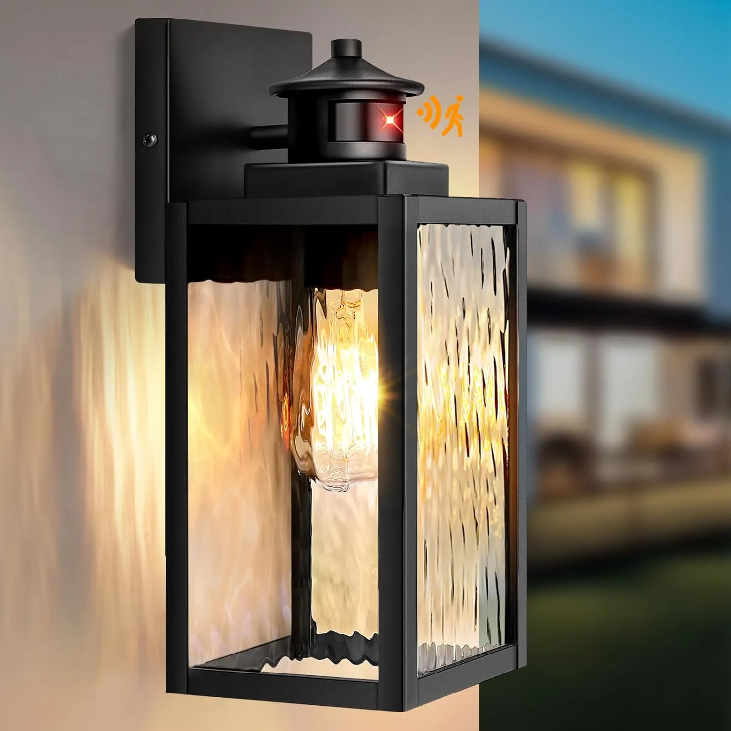 Brightever Motion Sensor Outdoor Lights Fixture, Dusk to Dawn Exterior Porch Light Wall Mount with Water-Rippled Glass, Black Modern Outside Wall Sconce Lanterns for House, Garage, Bulbs Not Included