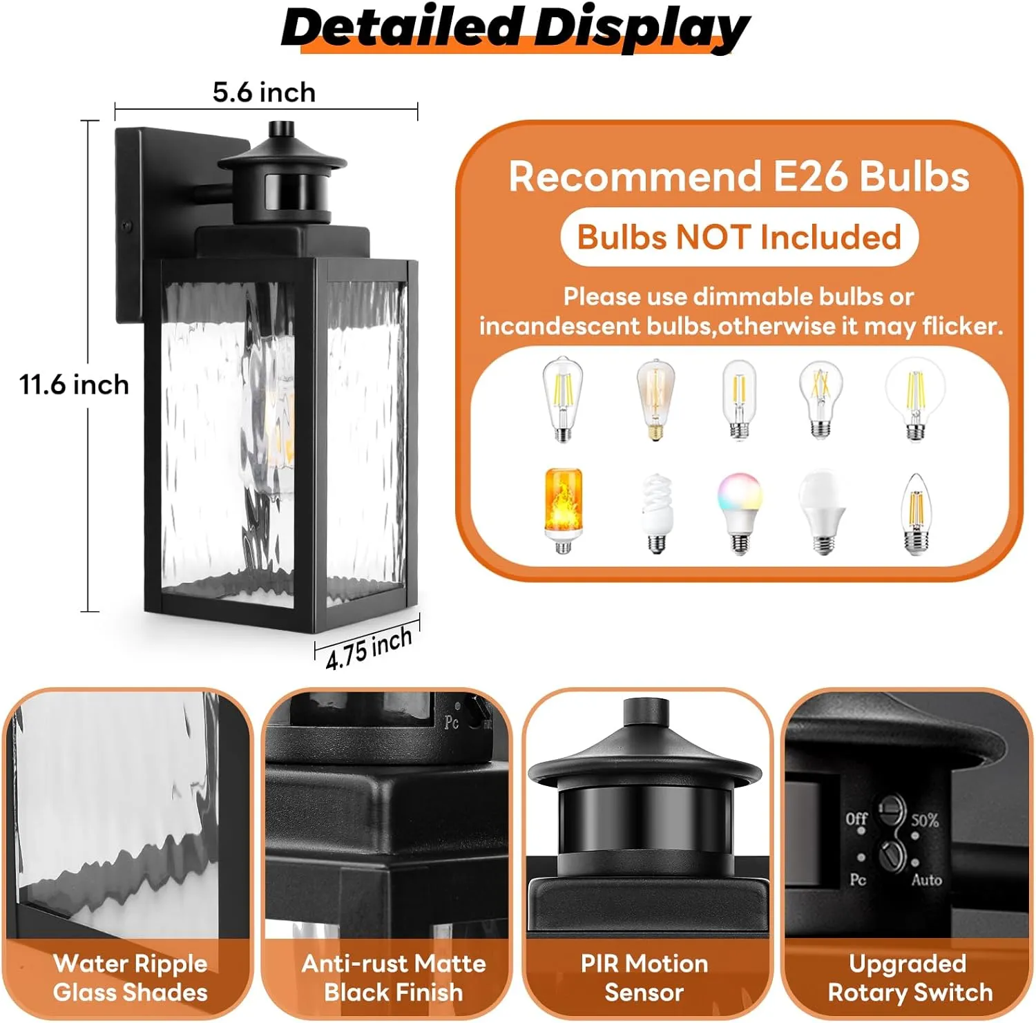 Brightever Motion Sensor Outdoor Lights Fixture, Dusk to Dawn Exterior Porch Light Wall Mount with Water-Rippled Glass, Black Modern Outside Wall Sconce Lanterns for House, Garage, Bulbs Not Included