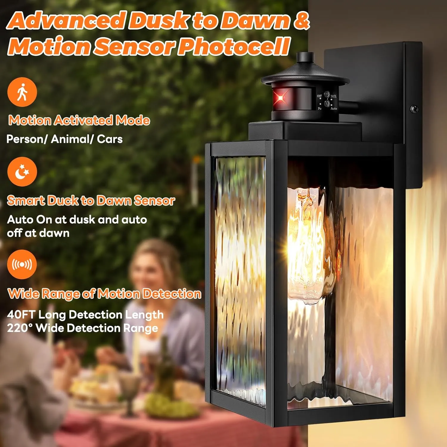 Brightever Motion Sensor Outdoor Lights Fixture, Dusk to Dawn Exterior Porch Light Wall Mount with Water-Rippled Glass, Black Modern Outside Wall Sconce Lanterns for House, Garage, Bulbs Not Included