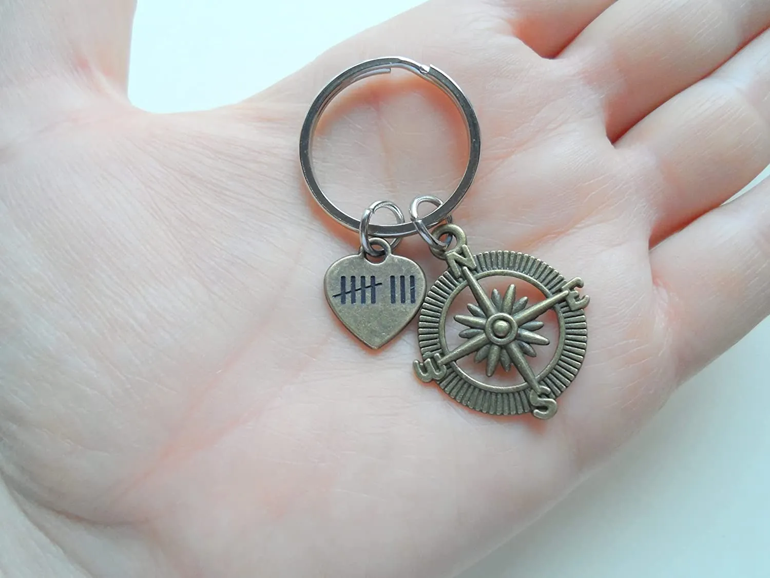 Bronze Compass Charm Keychain with 8 Tally Mark Heart Charm - I'd Be Lost Without You; Couples Keychain
