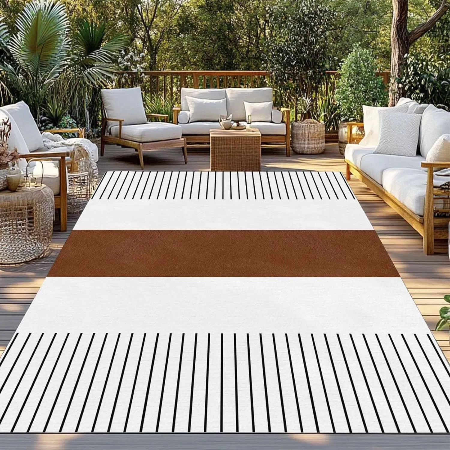 Brown White Outdoor Patio Rug 5x8ft Large,Washable RV Camping Outside Area Runner Rug Mat,Boho Geometric Tribal Stripes Bohemian Modern Carpet for Picnic Backyard Deck Porch Balcony Beach & Indoor
