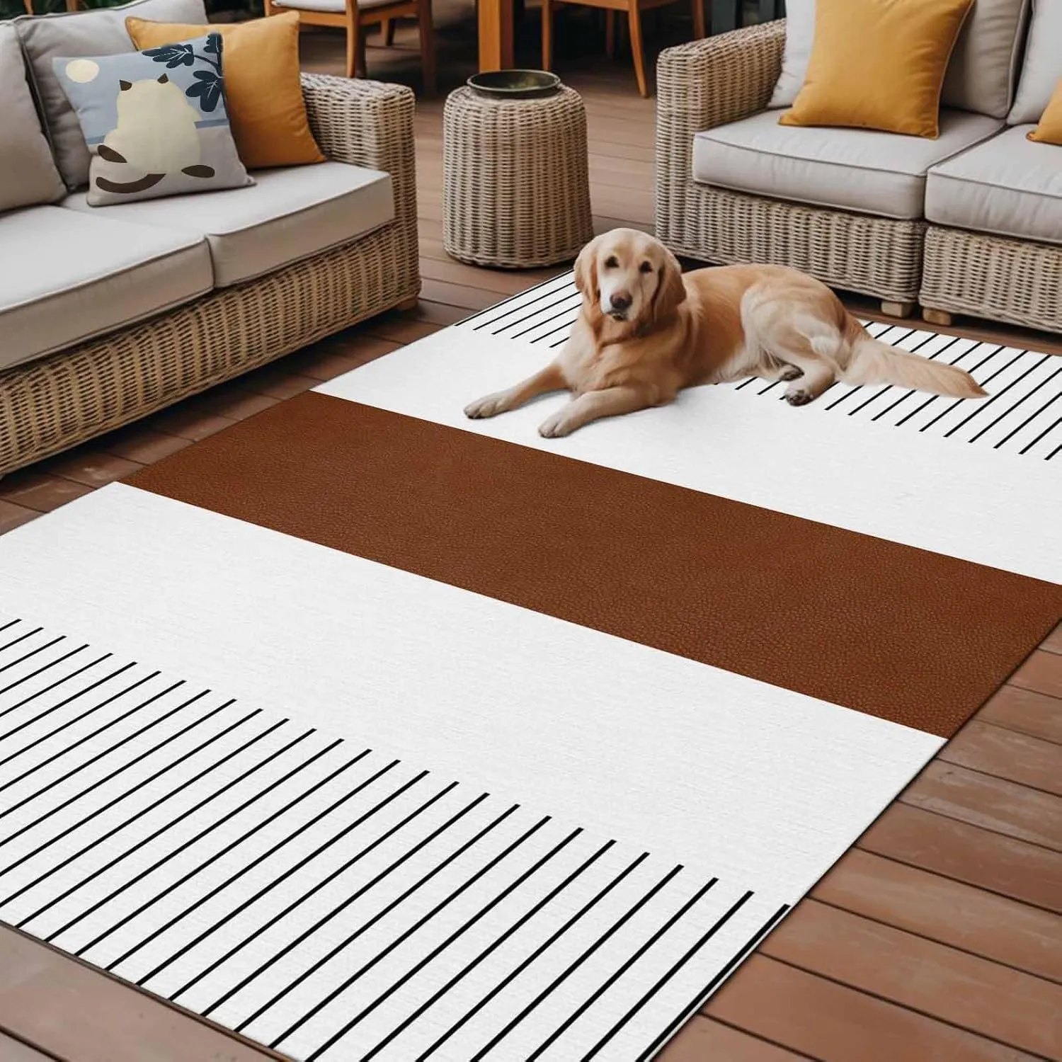 Brown White Outdoor Patio Rug 5x8ft Large,Washable RV Camping Outside Area Runner Rug Mat,Boho Geometric Tribal Stripes Bohemian Modern Carpet for Picnic Backyard Deck Porch Balcony Beach & Indoor