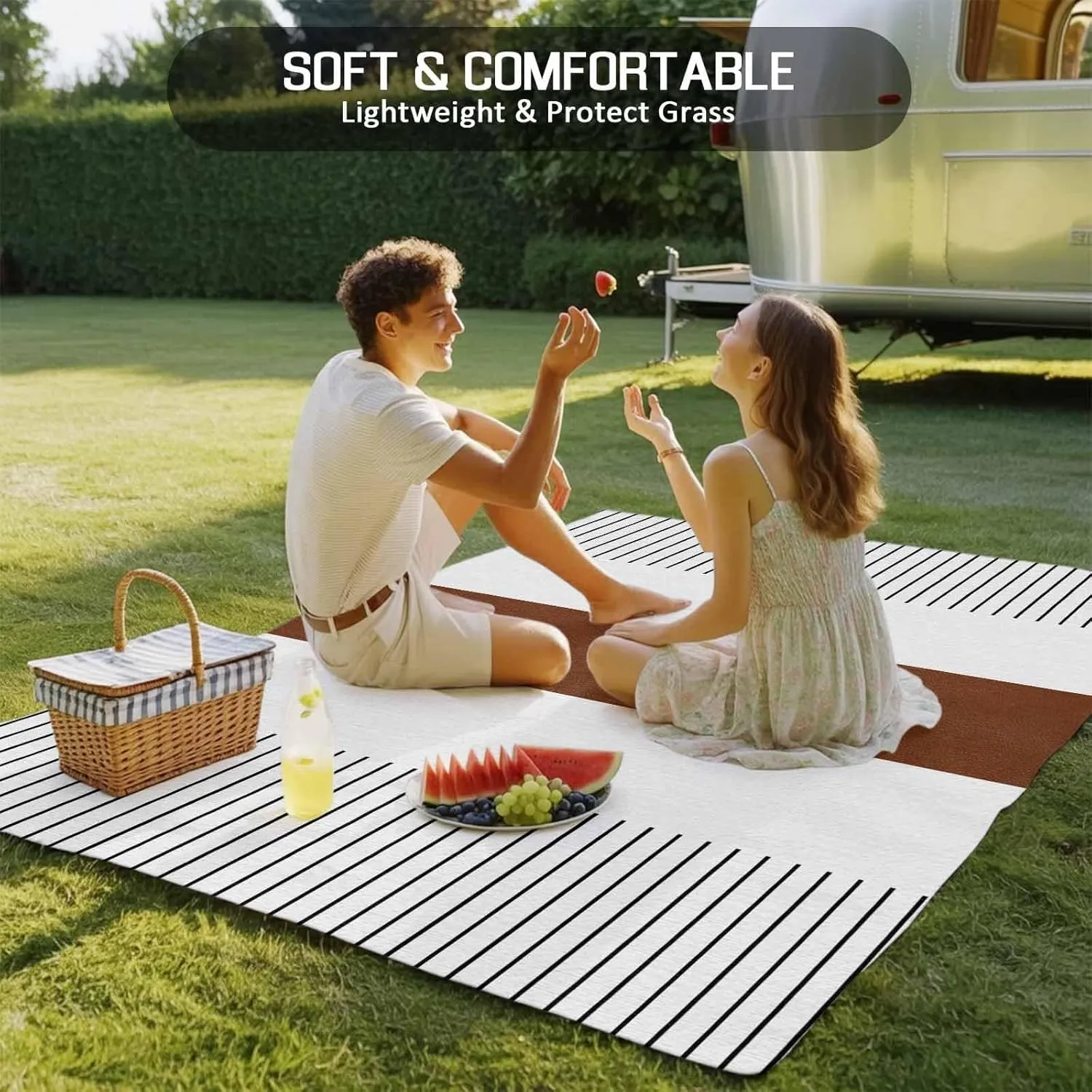 Brown White Outdoor Patio Rug 5x8ft Large,Washable RV Camping Outside Area Runner Rug Mat,Boho Geometric Tribal Stripes Bohemian Modern Carpet for Picnic Backyard Deck Porch Balcony Beach & Indoor
