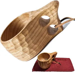 BSGB Kuksa Wooden Cup Nordic Style Portable Outdoor Camping Drinking Cup Traditional Coffee Mug with Leather Lanyard for Backpacking Camping Hiking Survival Teacup (Type A)