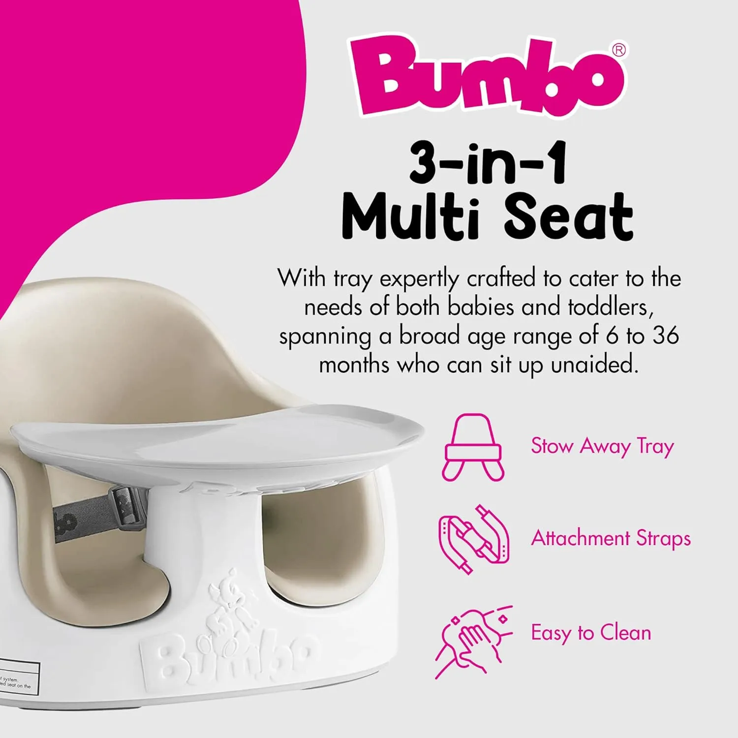 Bumbo 3-in-1 Baby Multi Seat Booster with Feeding Tray, 6-36 Months Old, Taupe - High Chair and Floor Seat Accessory for Babies, Infants, and Toddlers