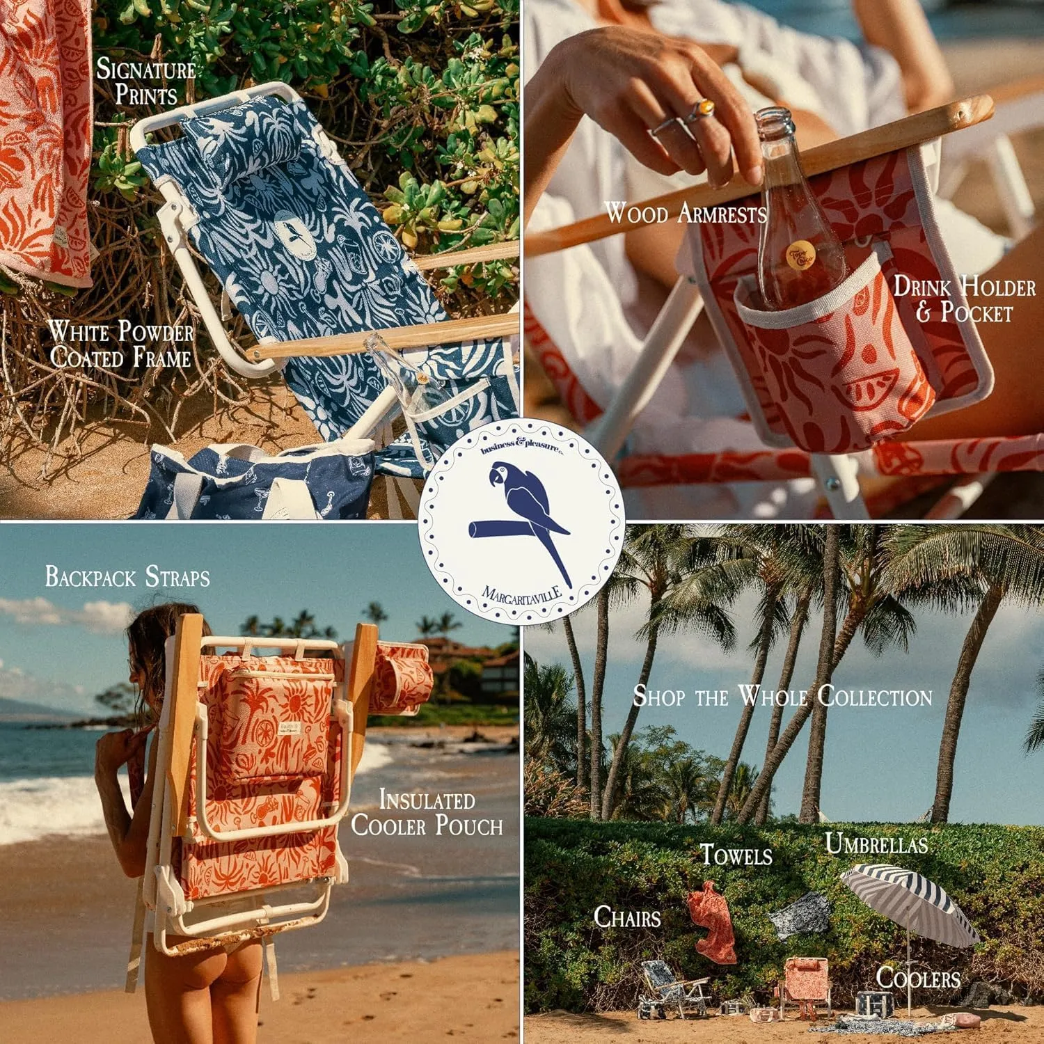 Business & Pleasure Co. Margaritaville Manana Backpack Beach Chair Lay Flat Reclining, Lightweight & Portable, Insulated Cooler Pocket, Hemisphere Dancer Marg