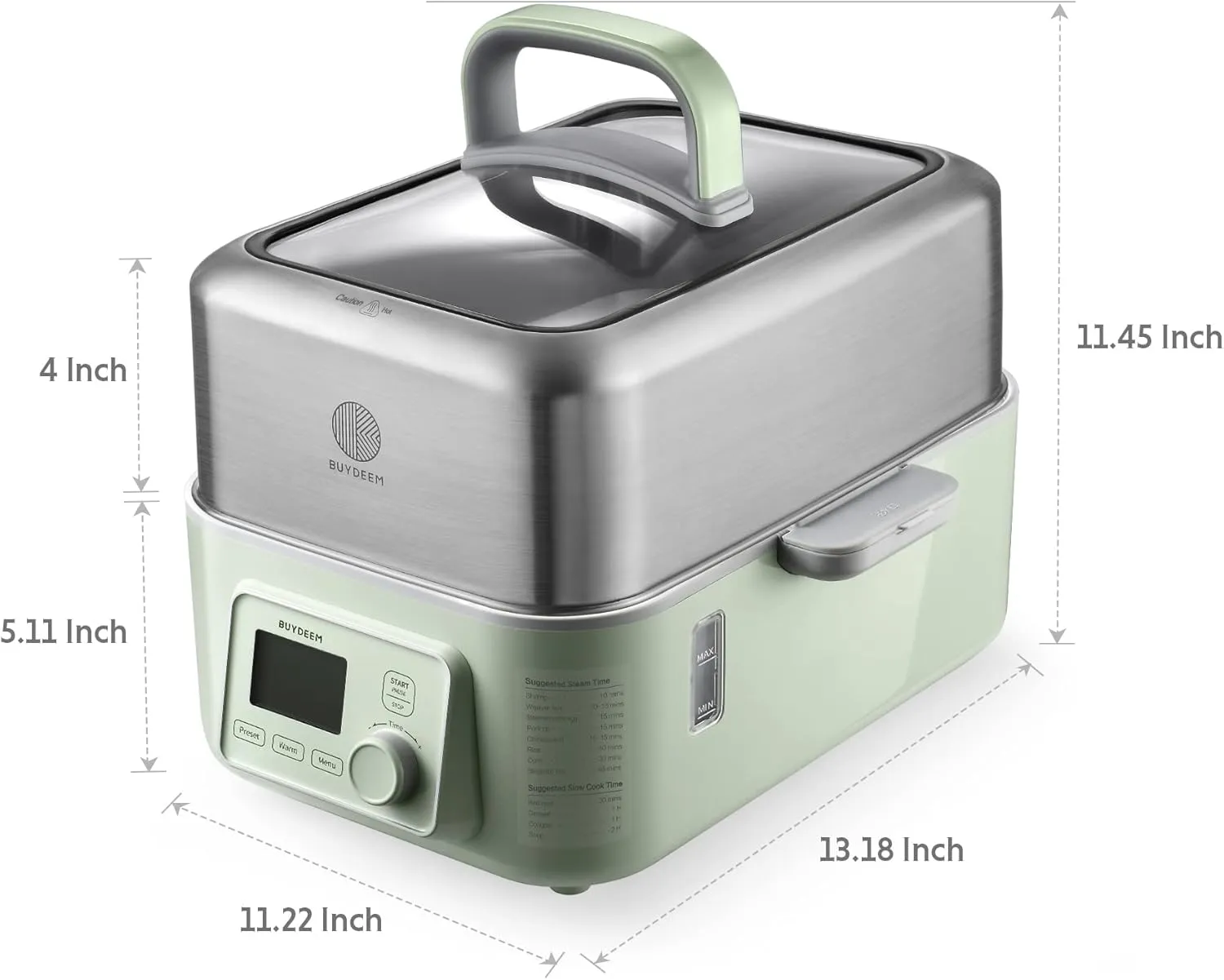 BUYDEEM G563 5-Quart Electric Food Steamer for Cooking, One Touch Vegetable Steamer, Digital Multifunctional Steamer, Quick Steam in 60s, Stainless Steel Steamer Tray & Glass Lid, Cozy Greenish