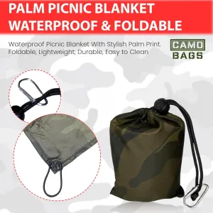 Camo Palm Picnic Blanket - Water Resistant & Foldable Ribstop Fabric Made Blanket with Compact Pocket Loops Style - Easy to Carry - Ideal for Travel, Beach, & Camping & Outdoor Use