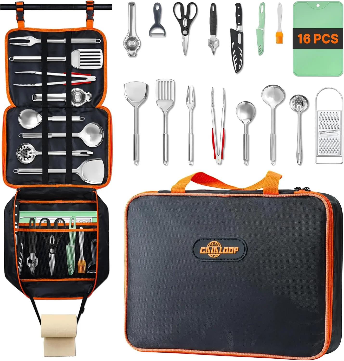 Camping Cooking Utensils 16PCS and Memory Foam Roll Up Camping Mattress Cot Size Bundle