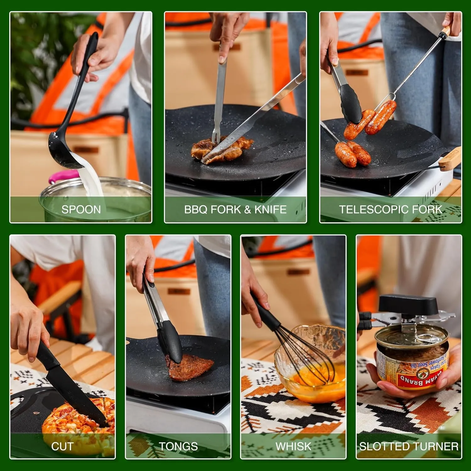 Camping Essentials Cookware Cooking Utensils Set - Portable Camp Kitchen Mess Kit Outdoor Accessories, Stainless Steel & Silicone, Camping Gear Equipment for RV Picnic Grill
