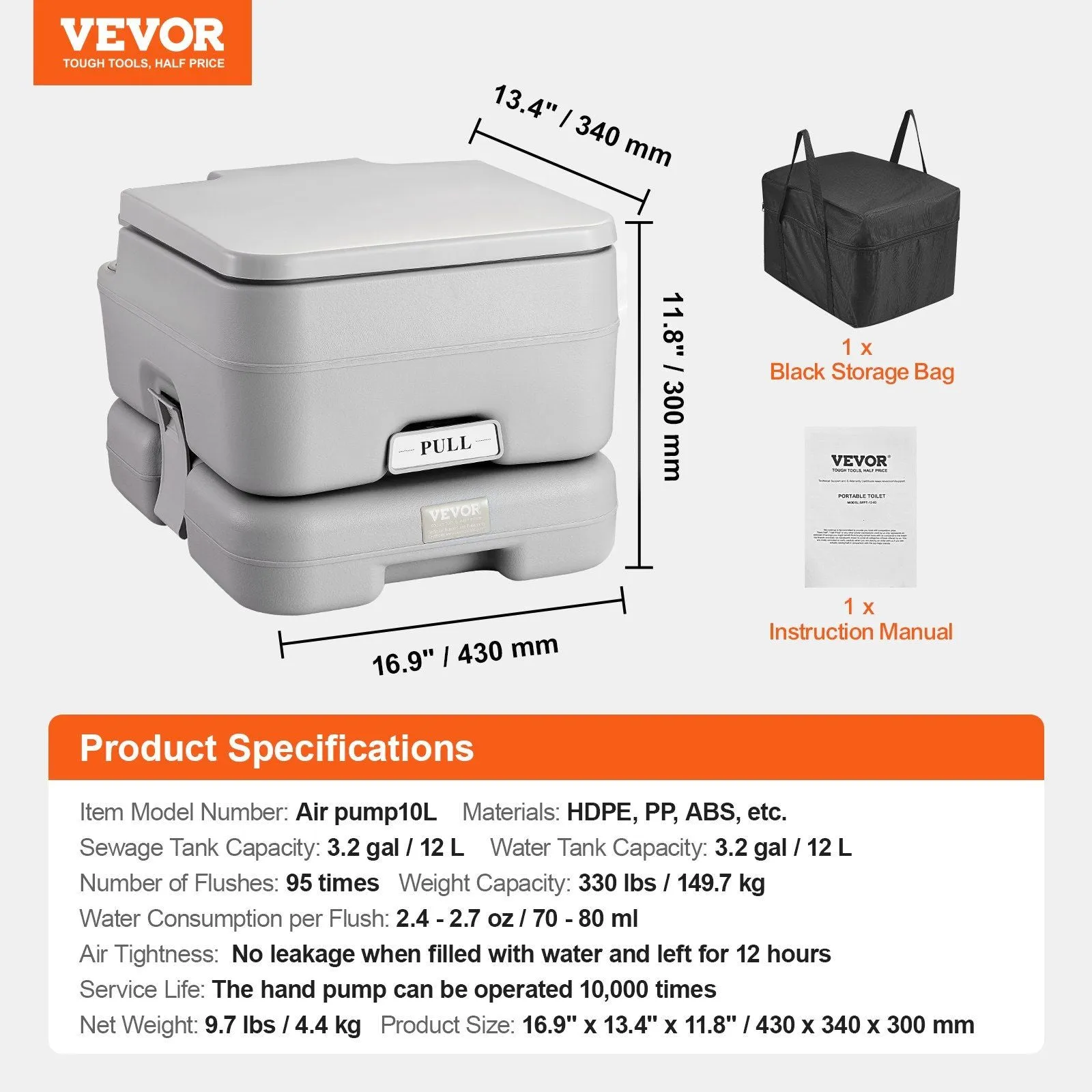 Camping High-precision Tank Camping, and Flush Adults Kids Odourless for Responsive Waste Porta for Leak-proof Potty Commode, Toilet Car Toilet 3.2 with Tank, Pressurized VEVOR Travel Gal 3.2 Portable Push-Button Flush & Gal