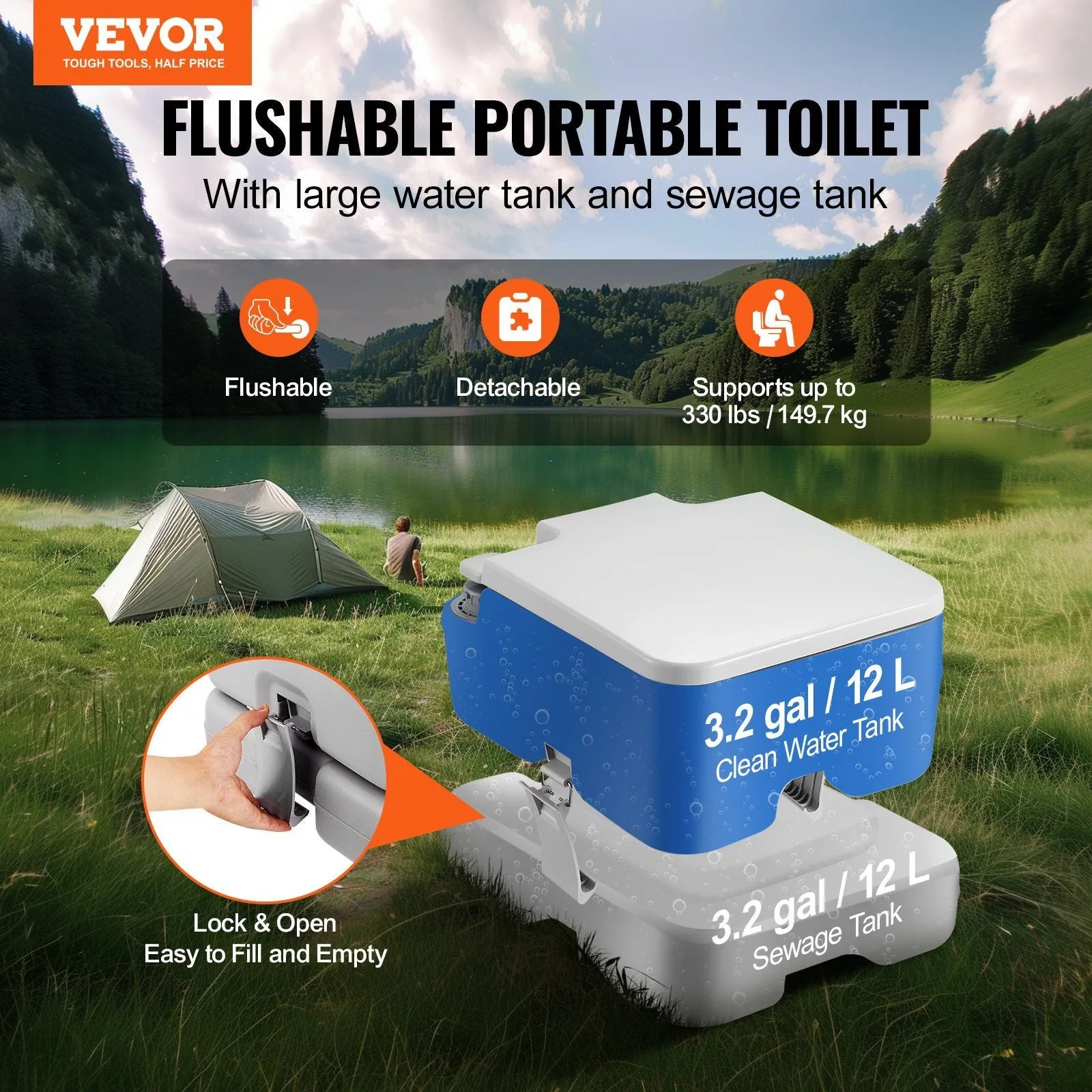 Camping High-precision Tank Camping, and Flush Adults Kids Odourless for Responsive Waste Porta for Leak-proof Potty Commode, Toilet Car Toilet 3.2 with Tank, Pressurized VEVOR Travel Gal 3.2 Portable Push-Button Flush & Gal
