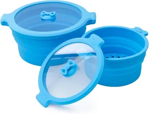 Camping Silicone bowls with Lids Collapsible Bowls for Camping Microwave Collapsible Food Storage Travel Bowl for Outdoor Hiking Camping Kitchen (Blue 2 Pack 0.8L 1.4L)