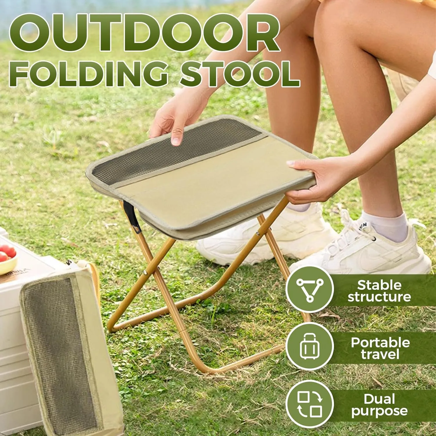Camping Stool Portable Folding Camping Stool for Camping, Fishing, Hiking, Gardening and Beach, Camping Seat, with Crossbody Strap (Black, X)