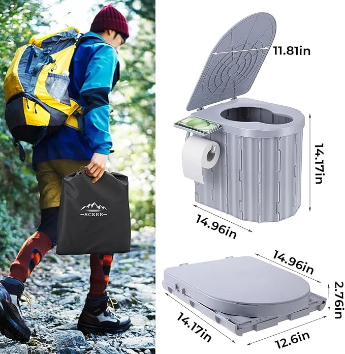Camping Toilet, Portable Toilet for Adults, 14'' Camping Toilet with Lid, Camp Toilet with Holder, Portable Potty for Camping, Hiking, RoadTrip, Car, Tent, Truck Drivers