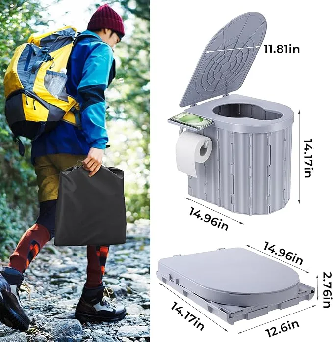 Camping Toilet, Portable Toilet for Adults, 14'' Camping Toilet with Lid, Camp Toilet with Holder, Travel Potty for Camping, Hiking, RoadTrip, Car, Tent, Truck Drivers (grey)