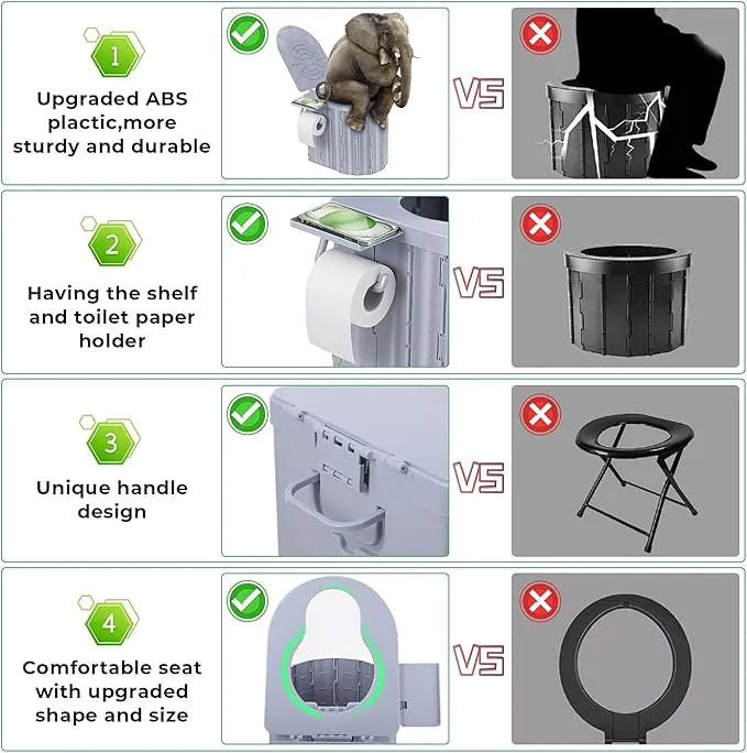 Camping Toilet, Portable Toilet for Adults, 14'' Camping Toilet with Lid, Camp Toilet with Holder, Travel Potty for Camping, Hiking, RoadTrip, Car, Tent, Truck Drivers (grey)