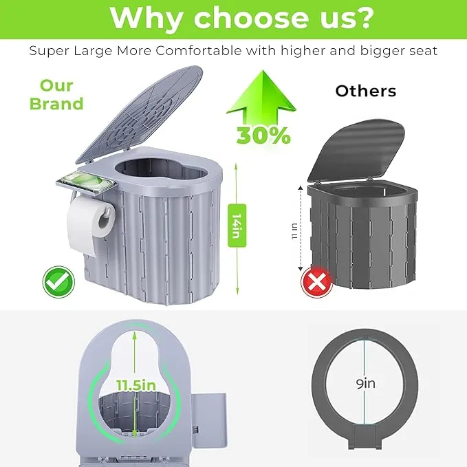 Camping Toilet, Portable Toilet for Adults, 14'' Camping Toilet with Lid, Camp Toilet with Holder, Travel Potty for Camping, Hiking, RoadTrip, Car, Tent, Truck Drivers (grey)