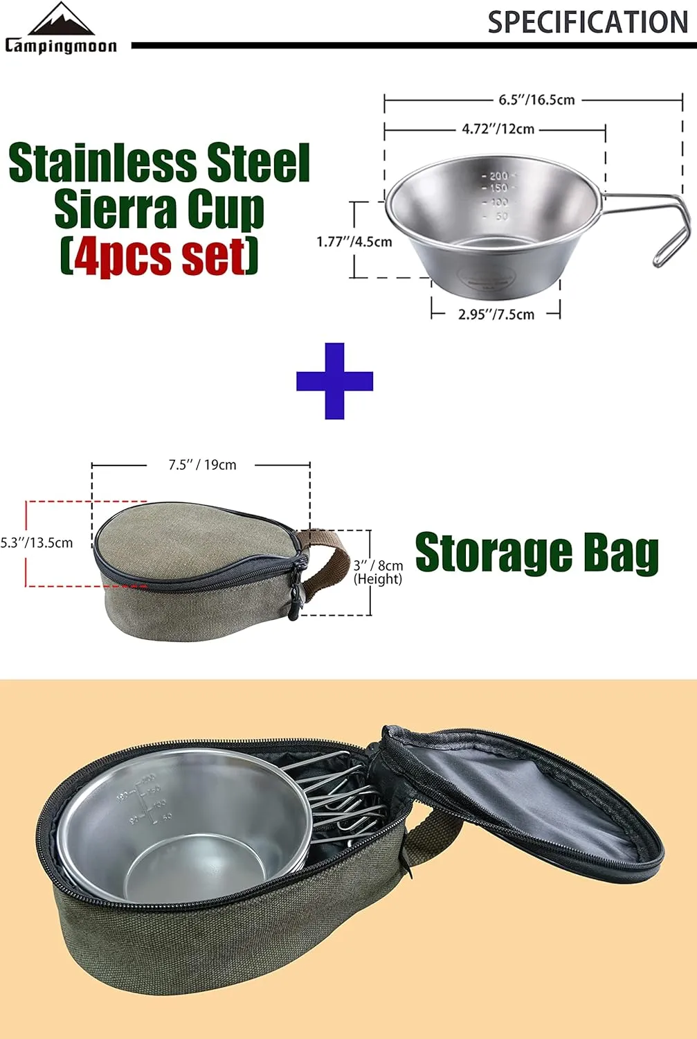 CAMPINGMOON 4pcs Set Stainless Steel Camping Sierra Cup 310ml with Storage Case S220-4P B