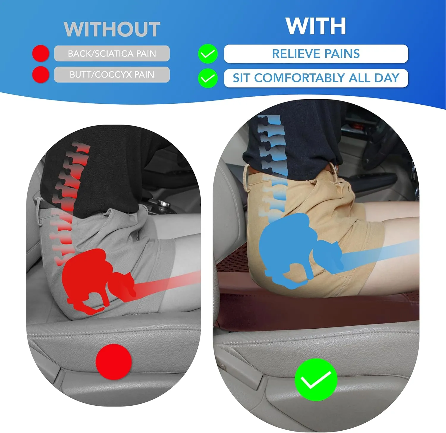 Car Seat Cushion: Comfortable Memory Foam Car Seat Cushion for Driving - for Sciatica-Tailobone Pain Relief - Seat Cushion for Car-Truck, Office, Wheelchair - Brown