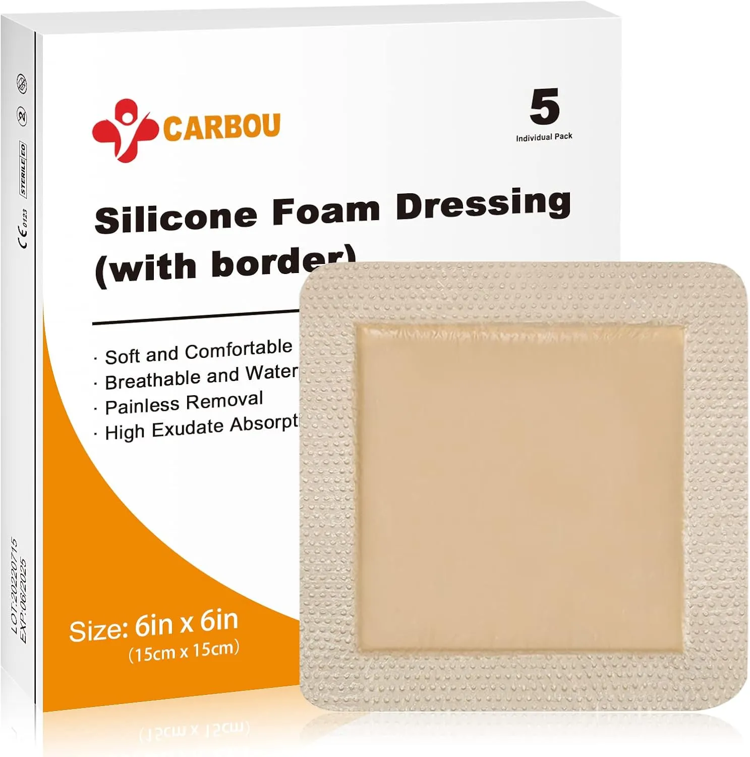 Carbou 5Pcs Silicone Foam Dressing 6" x 6" (15cmx15cm) - Square Wound Care Dressing with Border Adhesive Waterproof Central Ultra Absorbent-Foam(4.3" X 4.3") Waterproof Silicone Wound Bandage