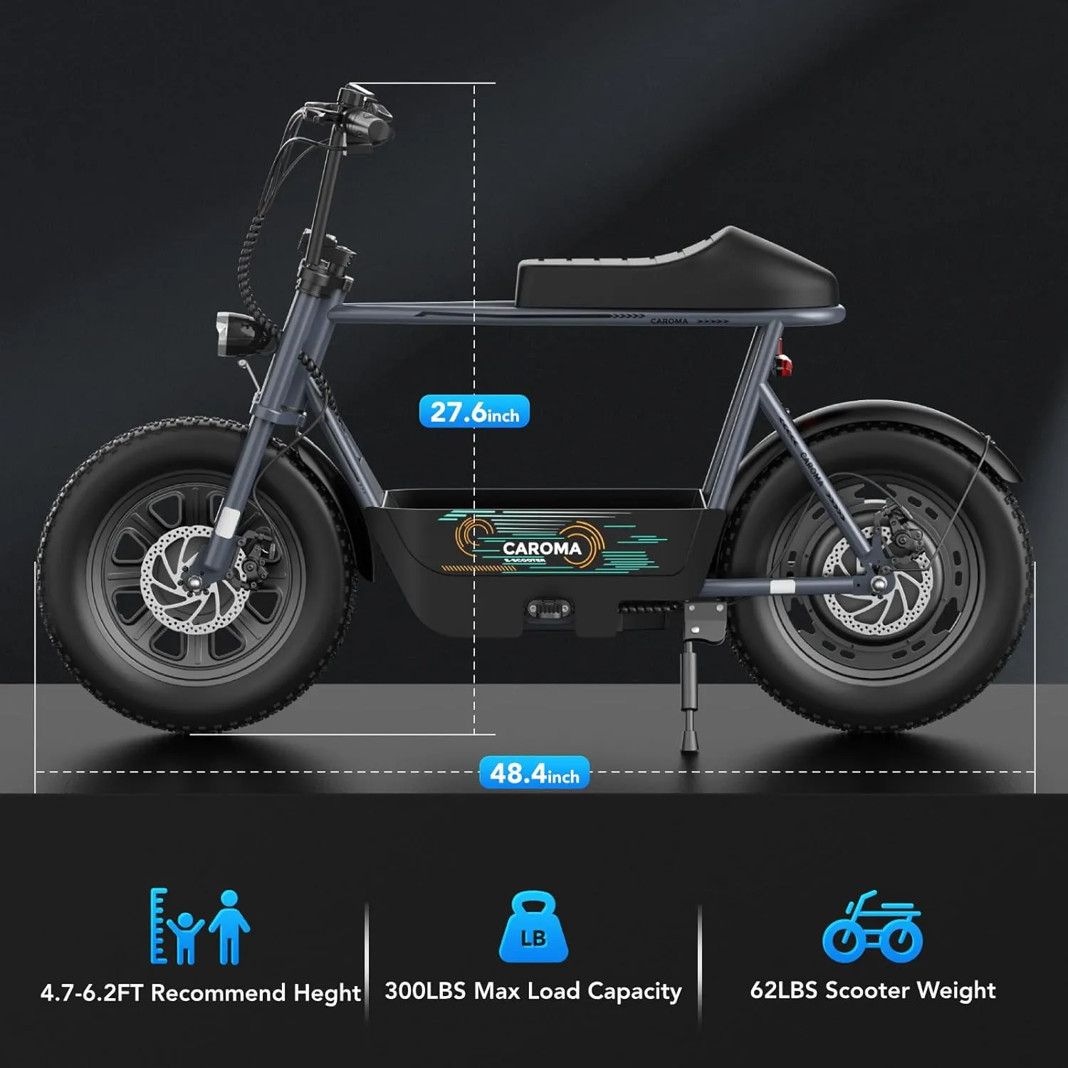 Caroma Peak 1200W Electric Scooter with Seat for Adults, 16" All Terrain Fat Tire Electric Dirt Bike, 30 Miles Ranges 20MPH Max Speed, Electric Motorcycle Bicycle with Basket for Pets & Cargo