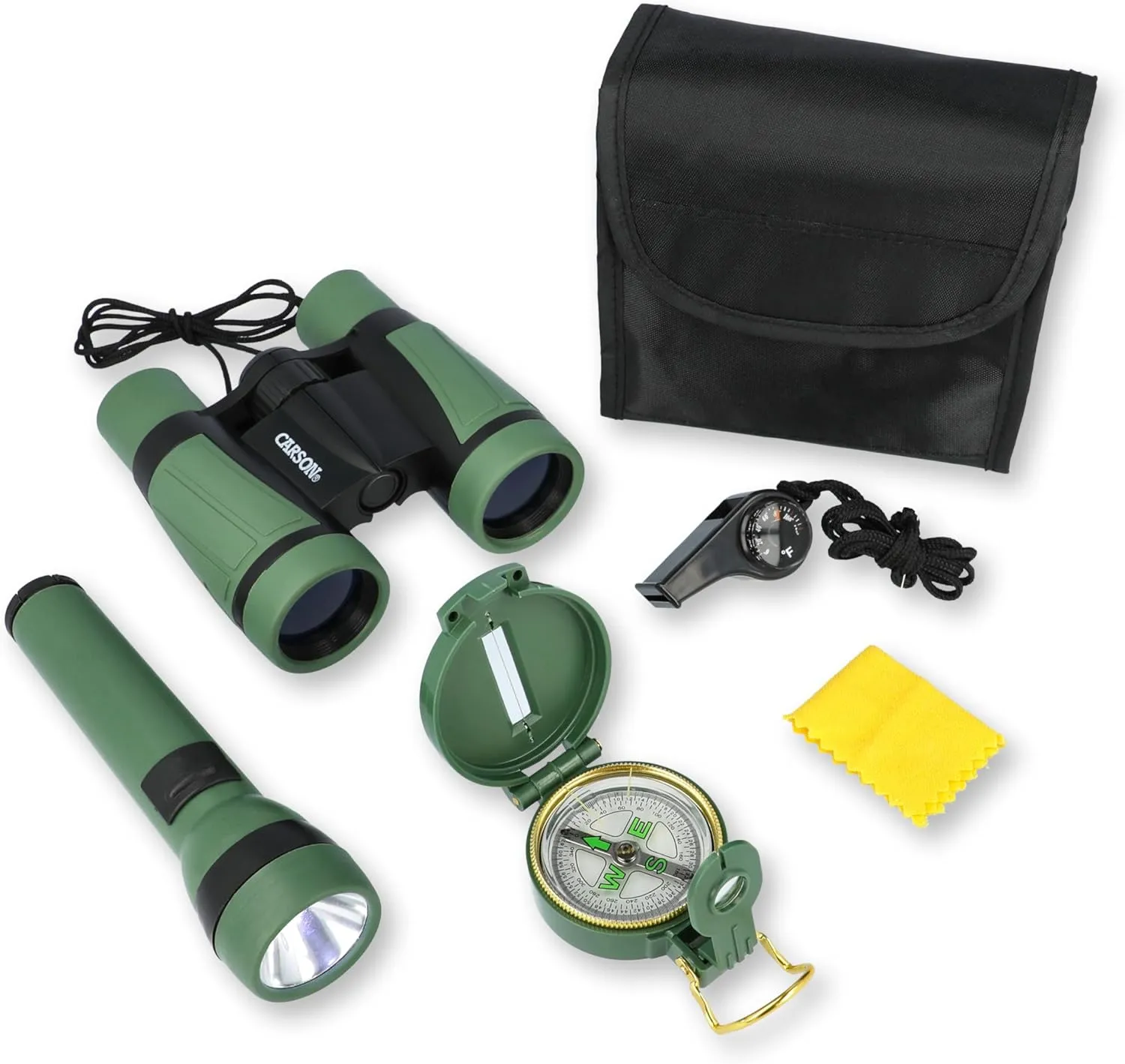 Carson AdventurePak Containing 30mm Kids Field Binoculars, Lensatic Compass, Flashlight and Signal Whistle with a Built-in Thermometer (HU-401), Multicolor