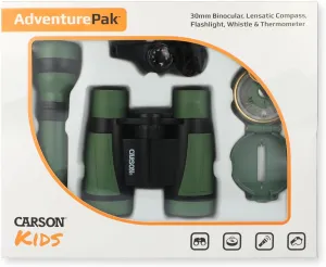 Carson AdventurePak Containing 30mm Kids Field Binoculars, Lensatic Compass, Flashlight and Signal Whistle with a Built-in Thermometer (HU-401), Multicolor