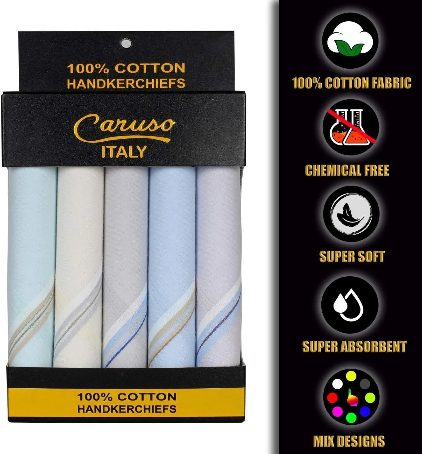 Caruso Italy Men's Premium 100% Pure Cotton Handkerchief Colored Border - (44 x 44 cm)