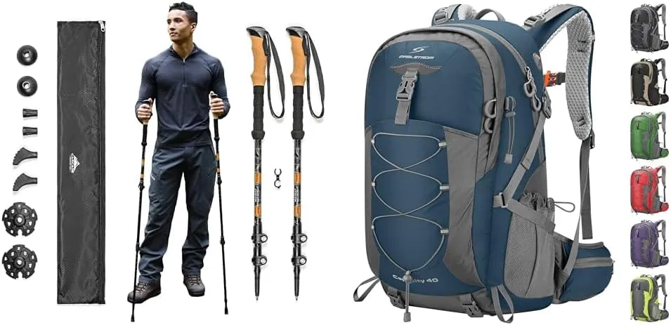 Cascade Mountain Tech Trekking Poles - Aluminum Hiking Walking Sticks & Maelstrom Hiking Backpack,Camping Backpack,40L Waterproof Hiking Daypack with Rain Cover
