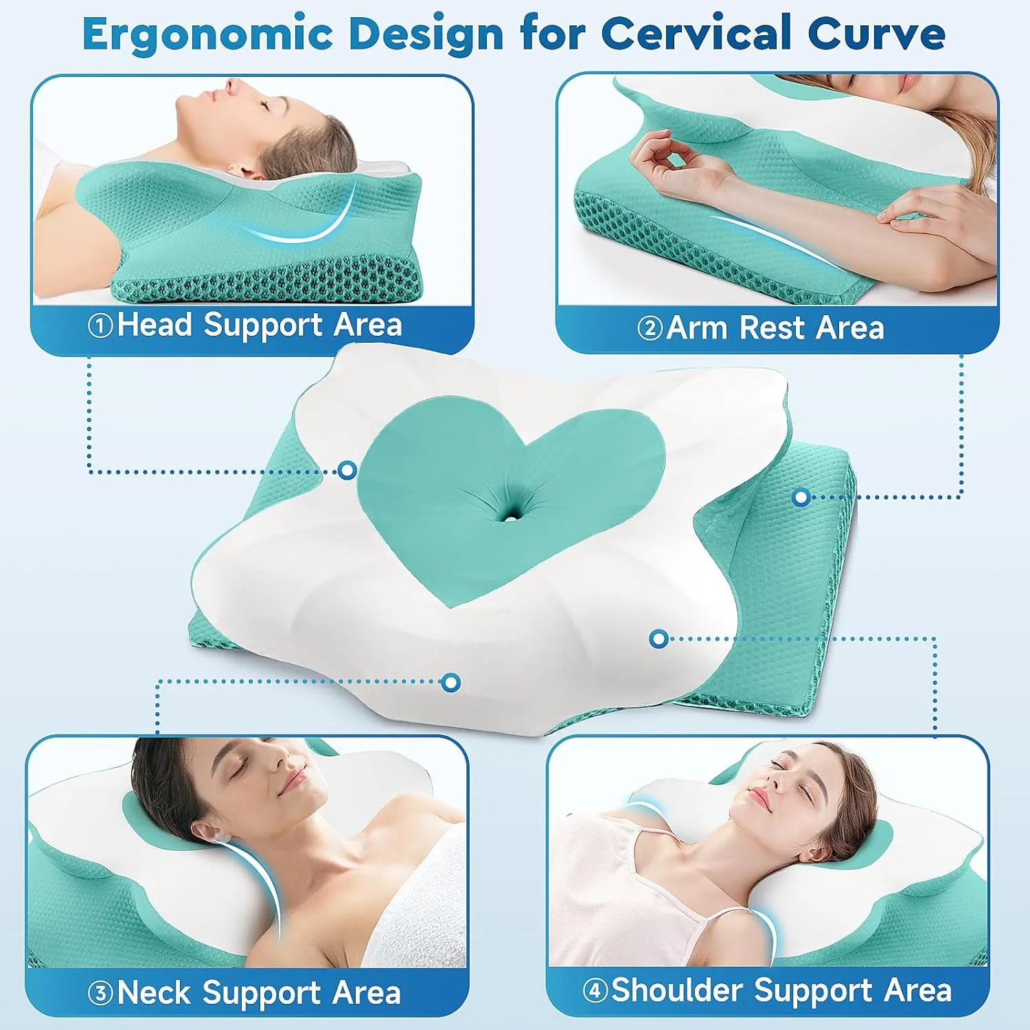 Cervical Neck Pillow, Memory Foam Neck Support Pillows for Sleeping, Shoulder Pillow for Side Sleepers, Back Stomach Sleepers, CertiPUR-US Certified, Queen Size, Green