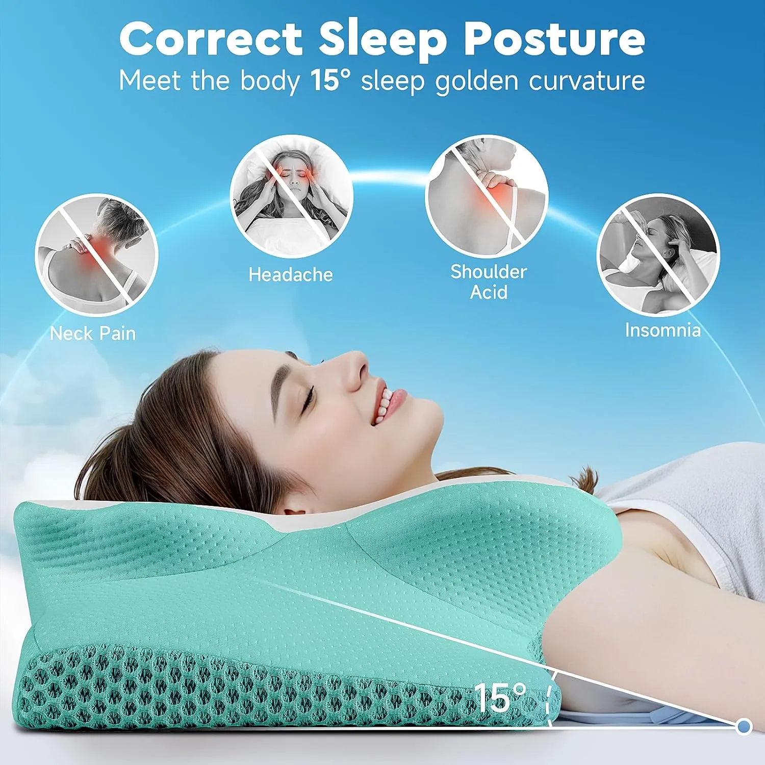 Cervical Neck Pillow, Memory Foam Neck Support Pillows for Sleeping, Shoulder Pillow for Side Sleepers, Back Stomach Sleepers, CertiPUR-US Certified, Queen Size, Green