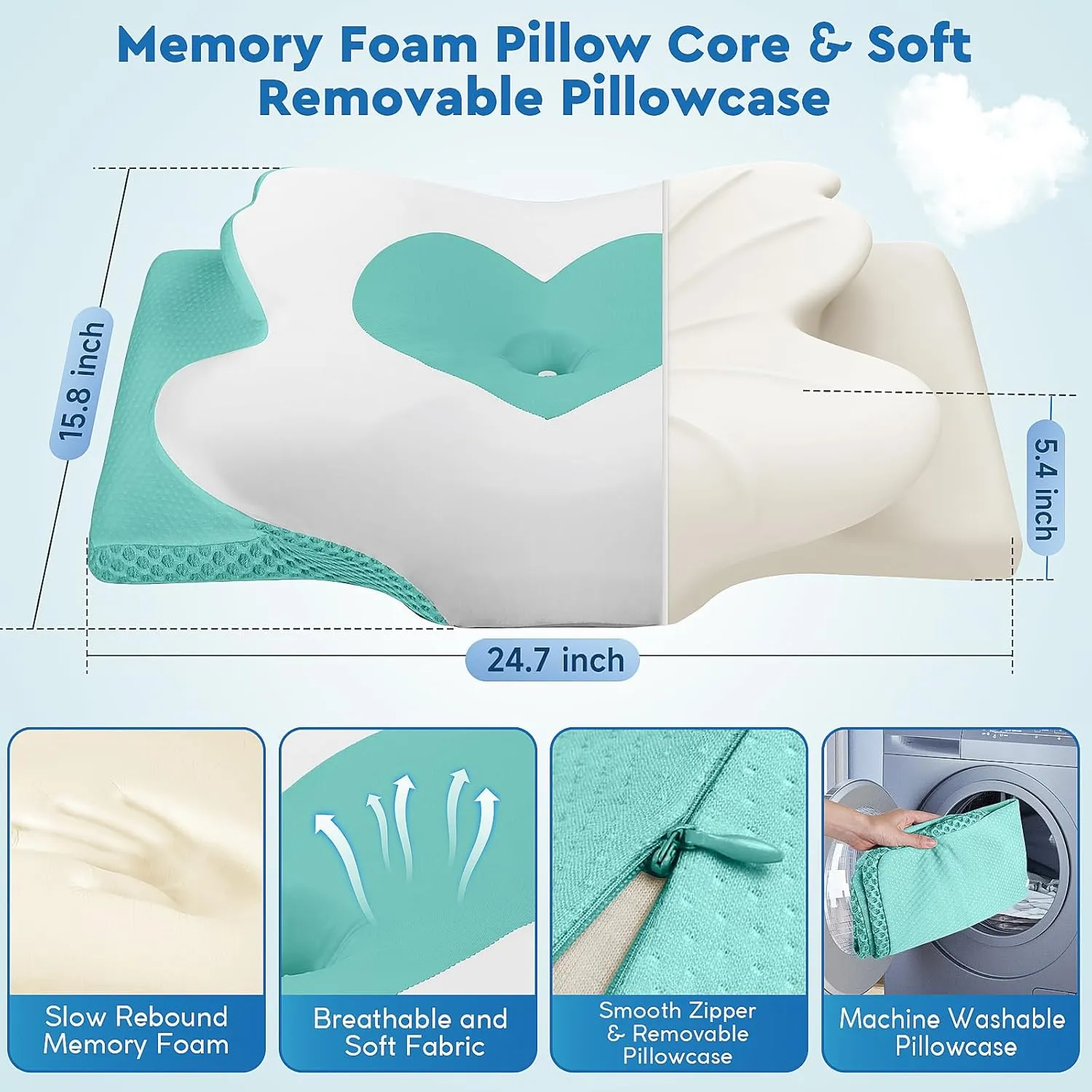 Cervical Neck Pillow, Memory Foam Neck Support Pillows for Sleeping, Shoulder Pillow for Side Sleepers, Back Stomach Sleepers, CertiPUR-US Certified, Queen Size, Green