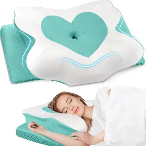 Cervical Neck Pillow, Memory Foam Neck Support Pillows for Sleeping, Shoulder Pillow for Side Sleepers, Back Stomach Sleepers, CertiPUR-US Certified, Queen Size, Green