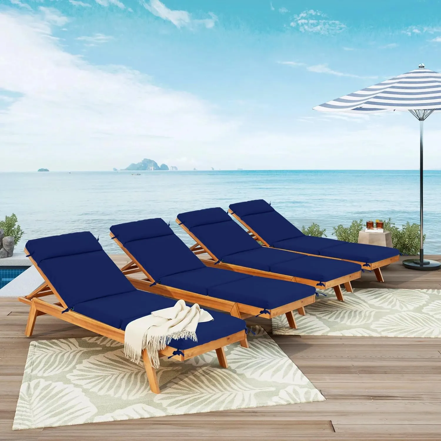 Chaise Lounge Cushion 72x21x3 Inch – Set of 4 Outdoor Lounge Chair Cushions, Lounger Pad Replacement with Fade-Resistant, Removable & Machine-Washable Covers, Ideal for Patio Chaise Chairs, Navy Blue
