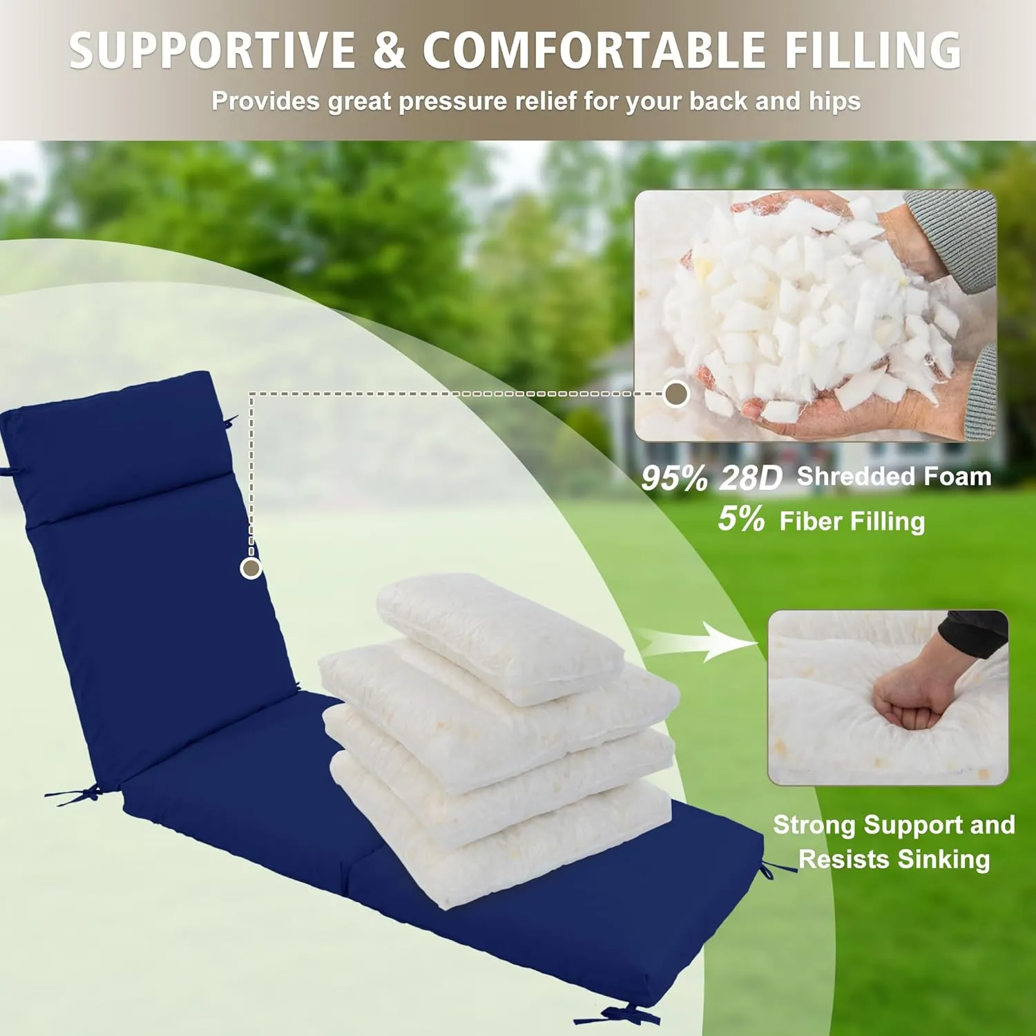 Chaise Lounge Cushion 72x21x3 Inch – Set of 4 Outdoor Lounge Chair Cushions, Lounger Pad Replacement with Fade-Resistant, Removable & Machine-Washable Covers, Ideal for Patio Chaise Chairs, Navy Blue