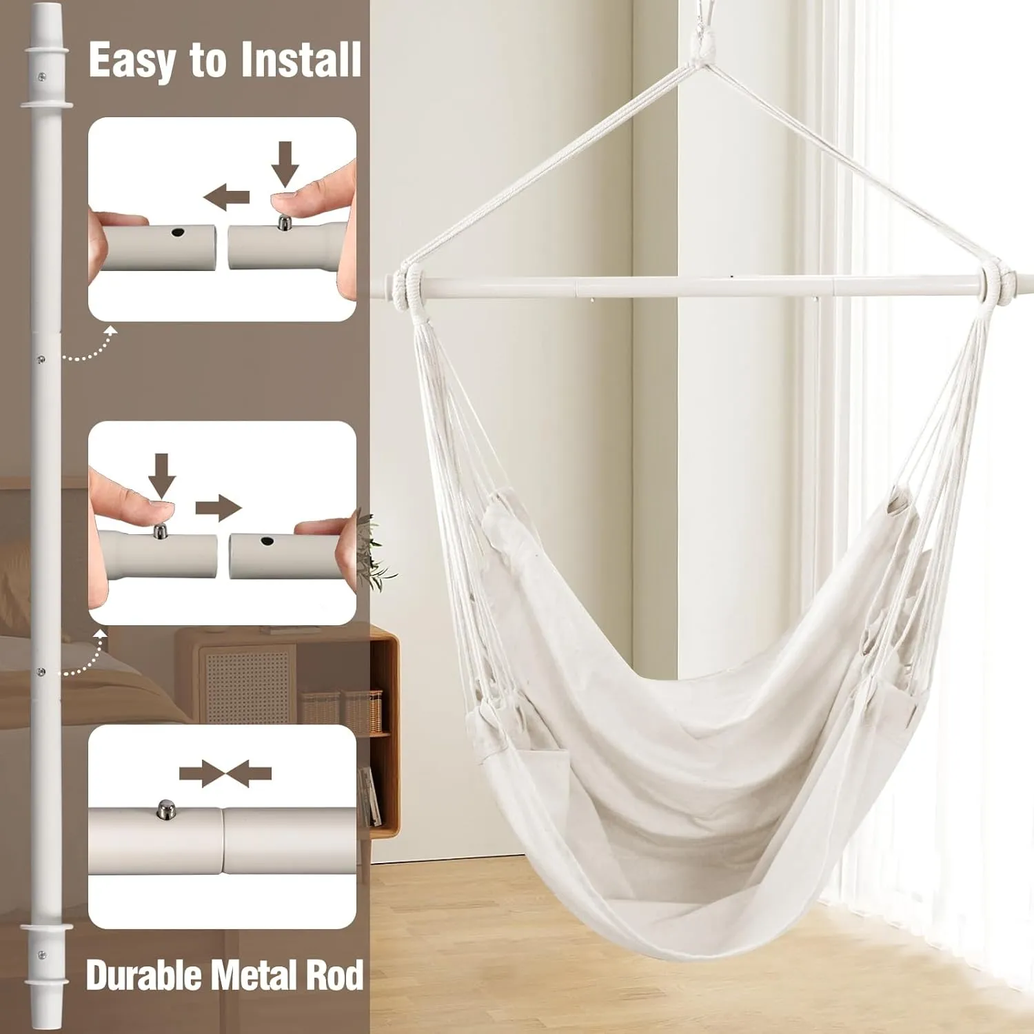 Chihee Hammock Chair Swing - Strong Metal, Collapsible, Spreader Bar, Portable, Max 500 lbs, Comfy Seat, Patio & Lawn, Cotton Blended for Superior Comfort & Durability, Indoor & Outdoor